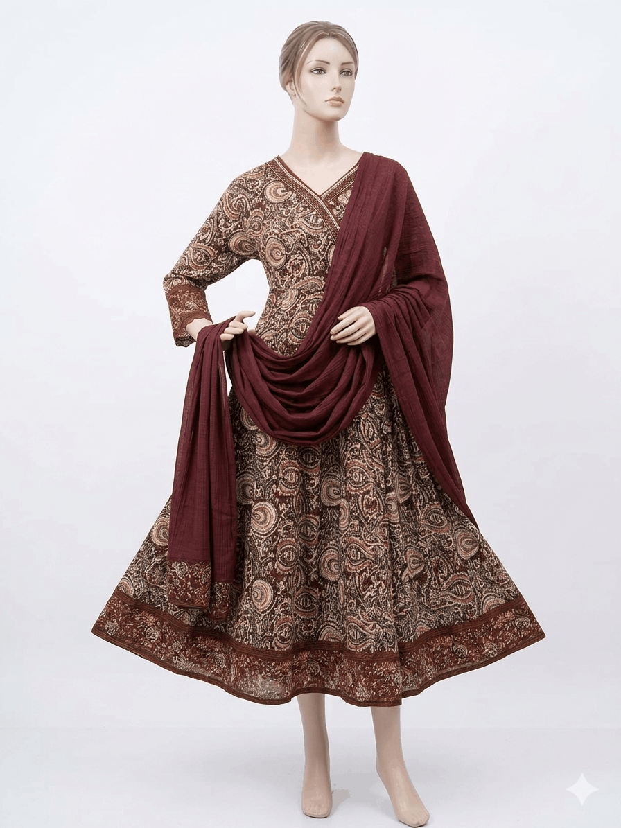 Elegant Printed Long Kurti with Dupatta (Maroon Theme)