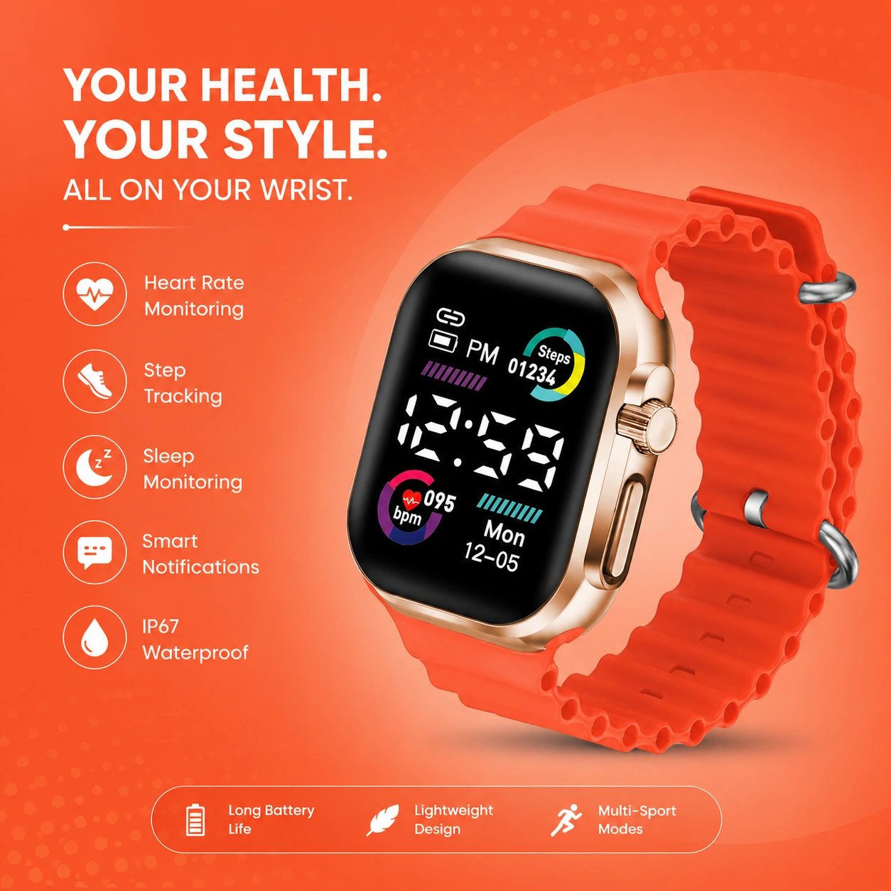 PulseFit X9 Smart Fitness Watch (Orange Edition)