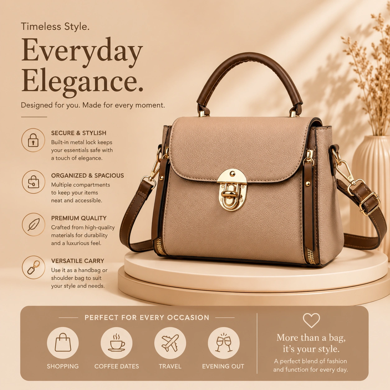 Premium Classic Top Handle Handbag for Women – Beige Brown Edition