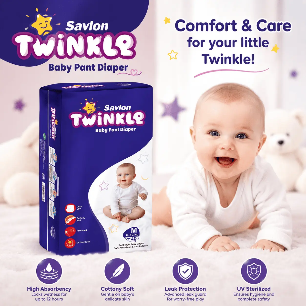 Savlon TWINKLE Baby Pant Diaper - Size M (6-12 kg) - 40 Pcs