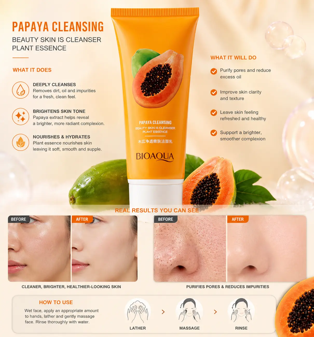 BIOAQUA Brightening Papaya Cleansing Face Wash - Natural Plant Essence