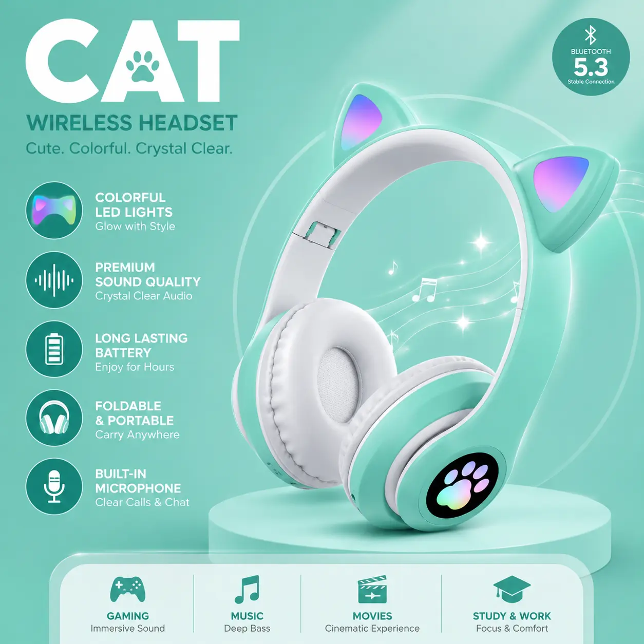 STN-28 Wireless Cat Ear Bluetooth Headset with LED Light – Foldable Kids Gaming Headphones