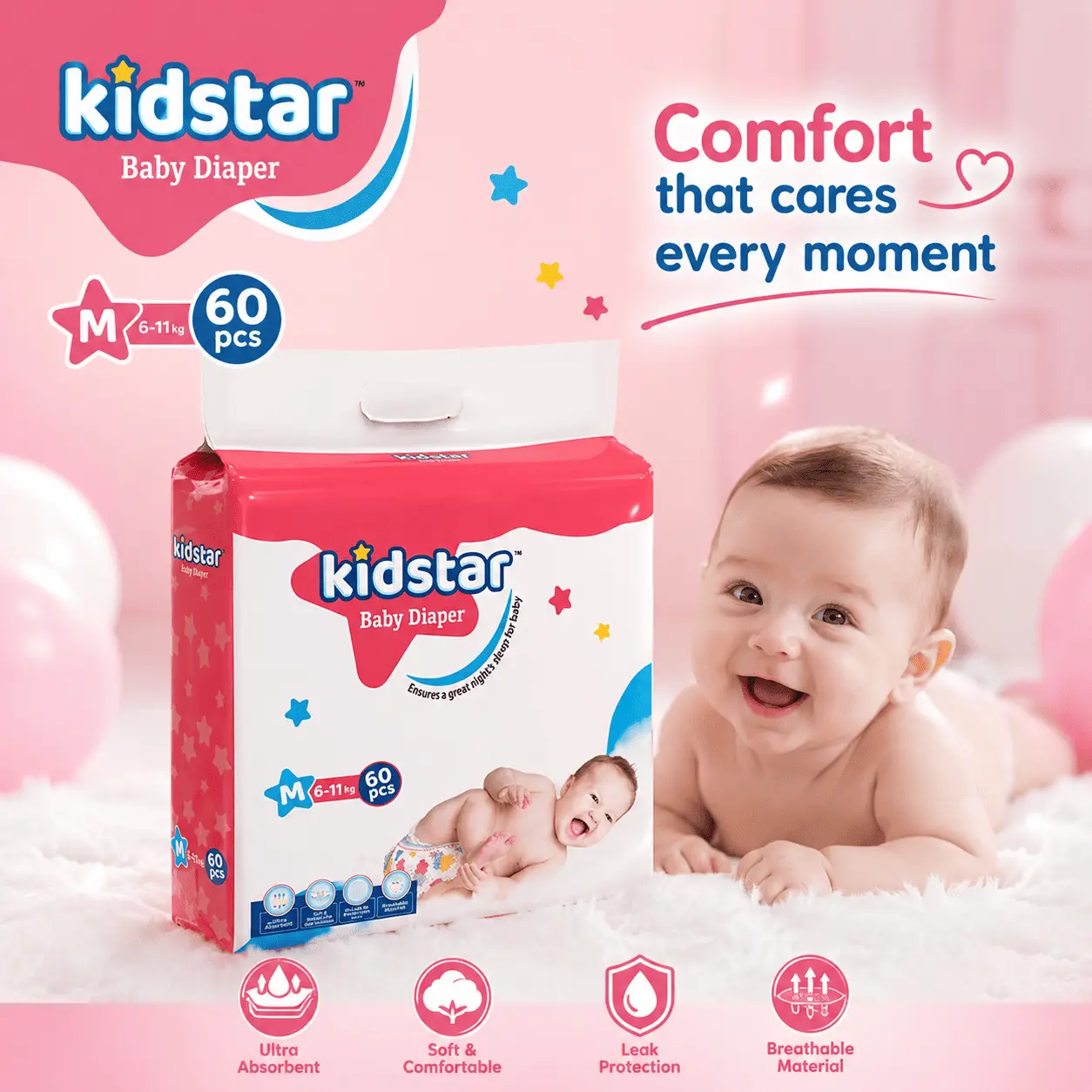 Kidstar Baby Diaper M Size (6-11kg) – 60pcs