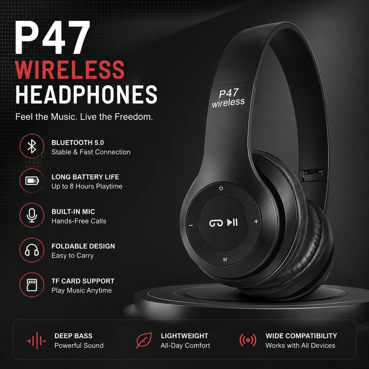 P47 Wireless Bluetooth Headphones – Foldable Stereo Over-Ear Headset