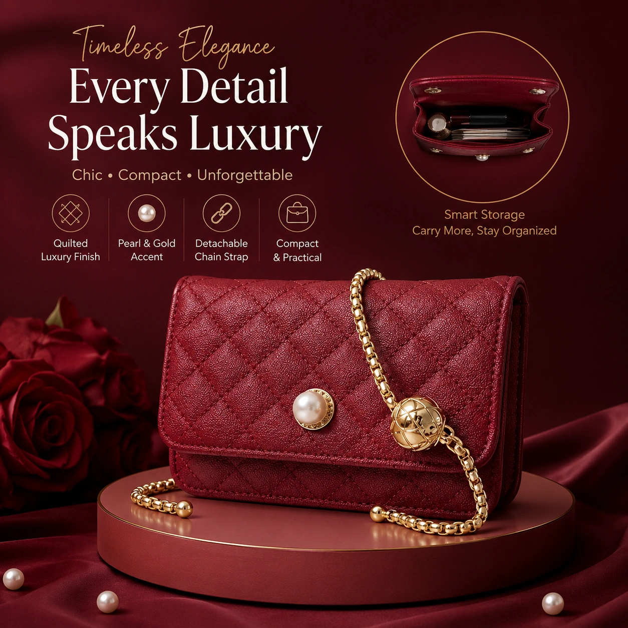 Luxury Quilted Mini Chain Crossbody Bag for Women – Burgundy Red