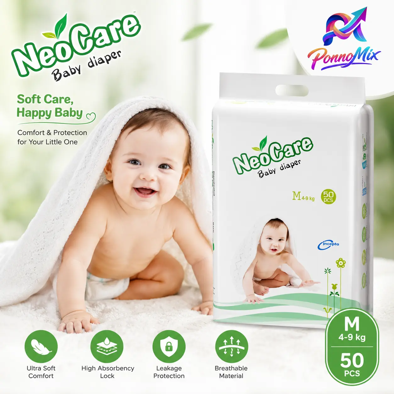NeoCare Baby Diaper - Medium (M), 4-9 kg, 50 Pcs Pack