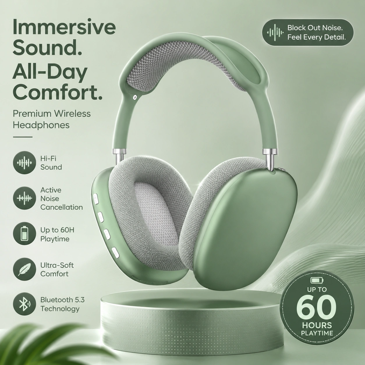 P9 Premium Wireless Bluetooth Headphones with ANC – 60 Hours Playtime
