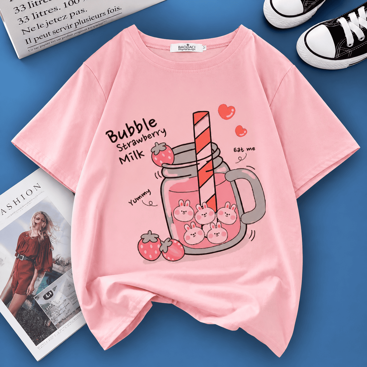 Premium Bubble Strawberry Milk Oversized Graphic T-Shirt for Girls & Women