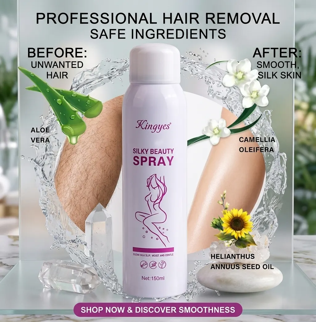 Kingyes Silky Beauty Professional Hair Removal Spray (150ml) - Painless, Smooth Finish with Aloe & Camellia