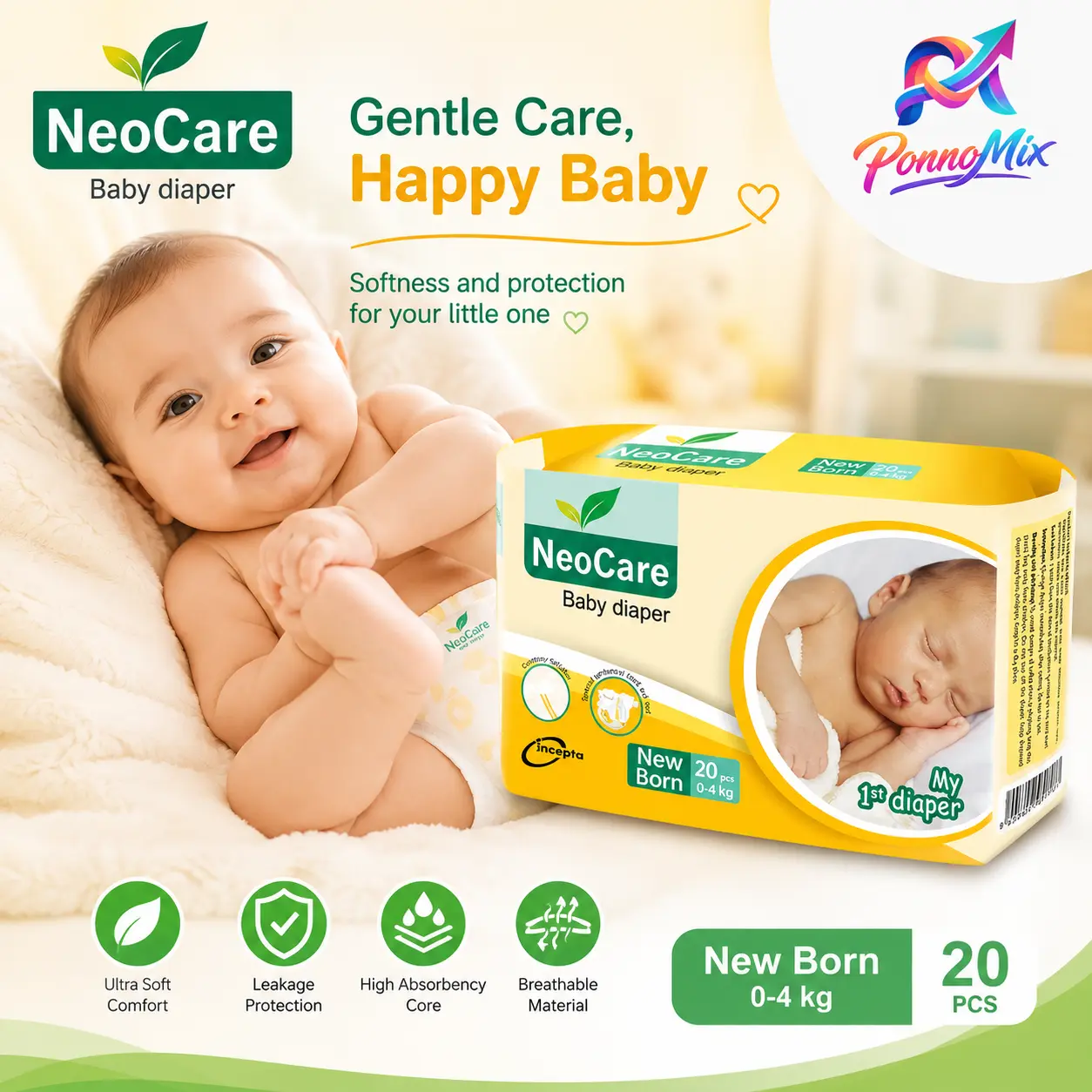 NeoCare Baby Diaper New Born 0-4kg (20 PCS) – Ultra Soft & High Absorbency Diaper for Babies