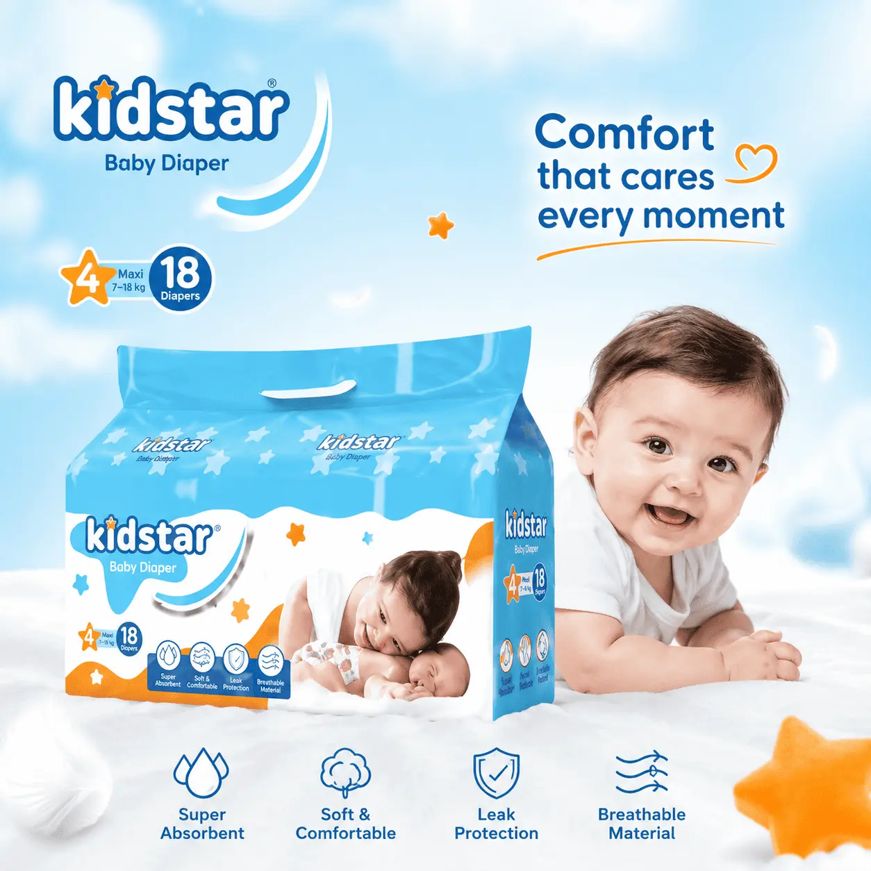Kidstar Baby Diaper (Soft & Absorbent Disposable Diaper – 32 pcs)