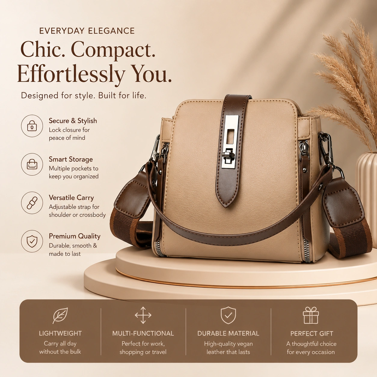 Premium Compact Crossbody Handbag for Women – Beige Coffee Edition