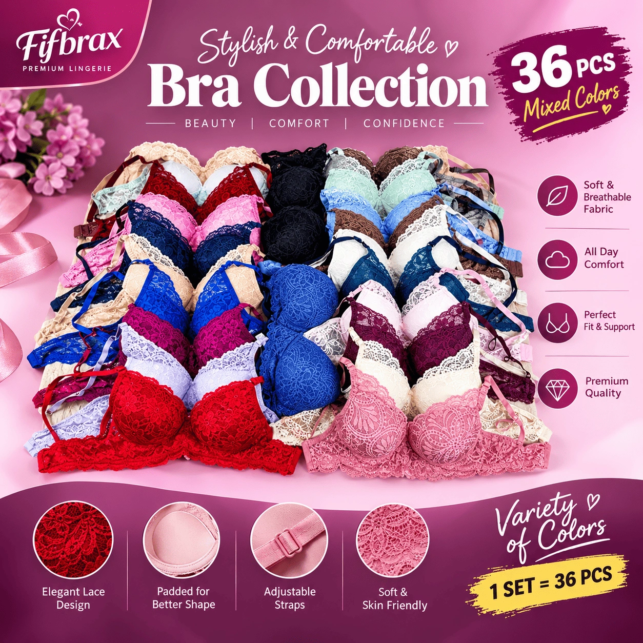 Fifbrax Elegance Lace Bra Collection – 36 Size Mixed Color