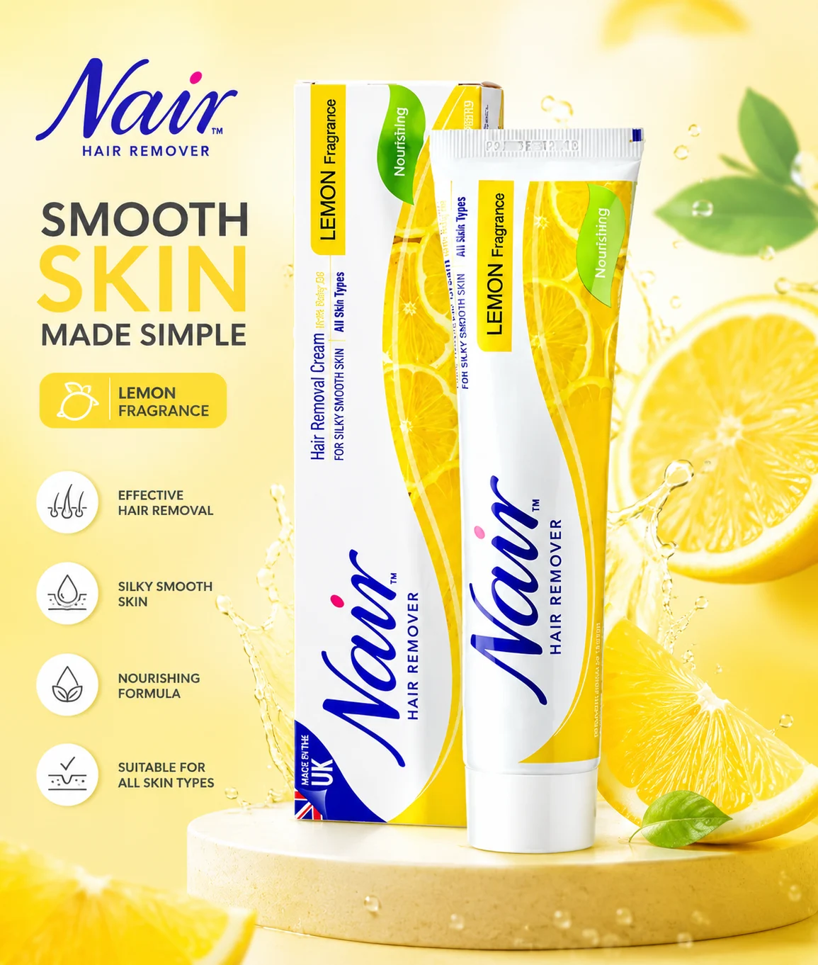 Nair Lemon Fragrance Hair Removal Cream for Women & Men – Smooth & Silky Skin Formula