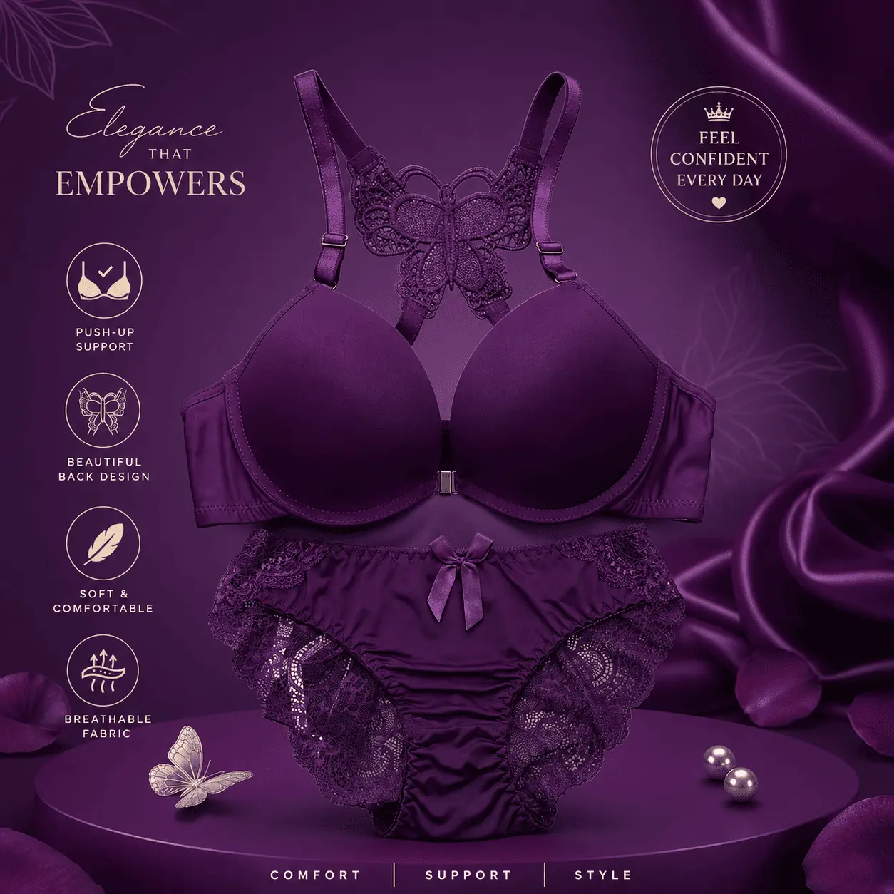 Women's Butterfly Back Push-Up Lace Bra & Panty Set 