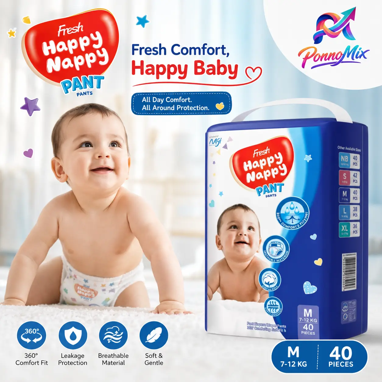 Fresh Happy Nappy Pant Diaper - Size M (7-12 Kg) - 40 Pcs