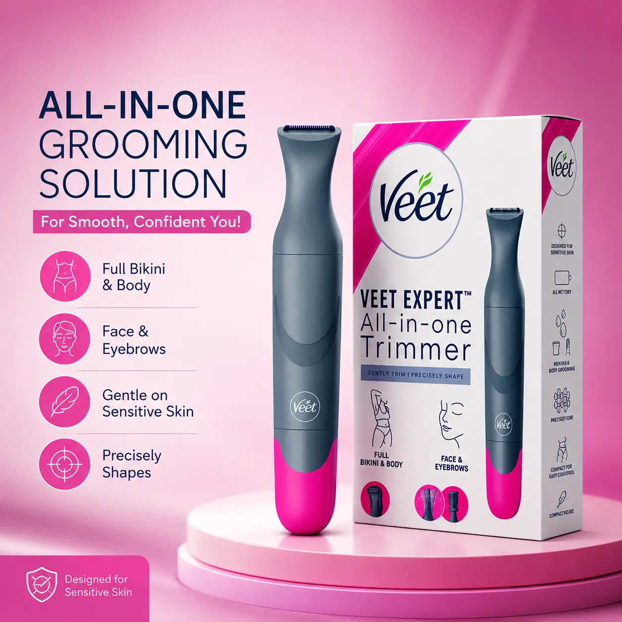 Veet Expert All-in-One Trimmer for Face, Eyebrows & Sensitive Body Areas