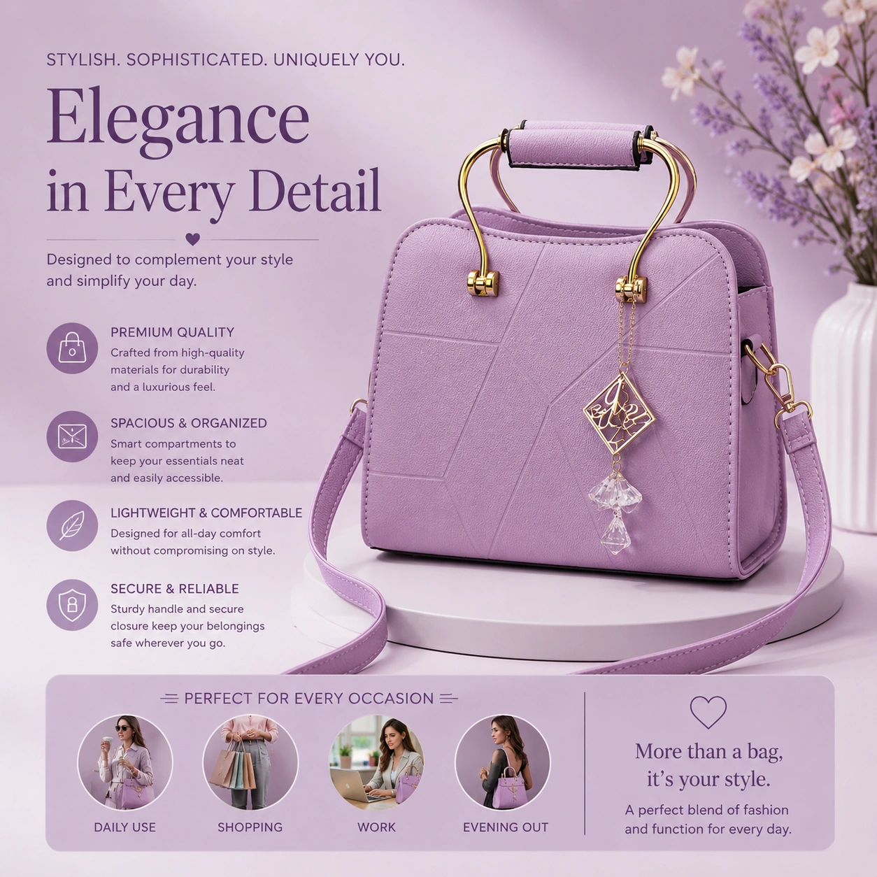 Premium Elegant Top Handle Handbag for Women – Lavender Edition 