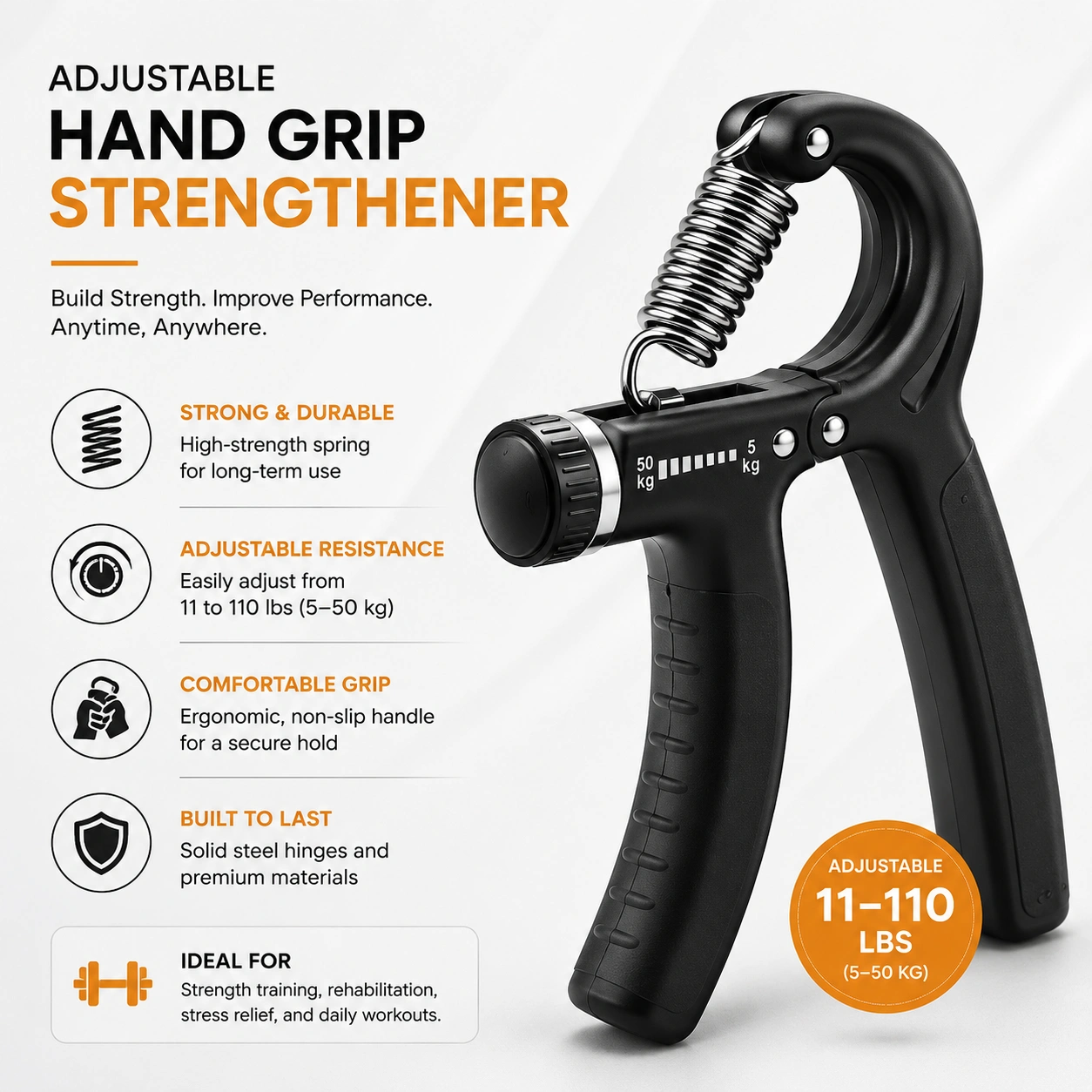 Adjustable Hand Grip Strengthener (5-50kg / 11-110lbs) Forearm & Finger Exerciser